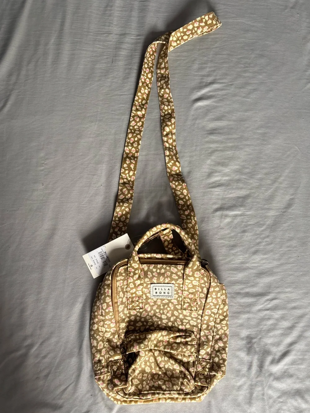 Billabong Tan Canvas Mini Backpack with Pink and Cream Print
